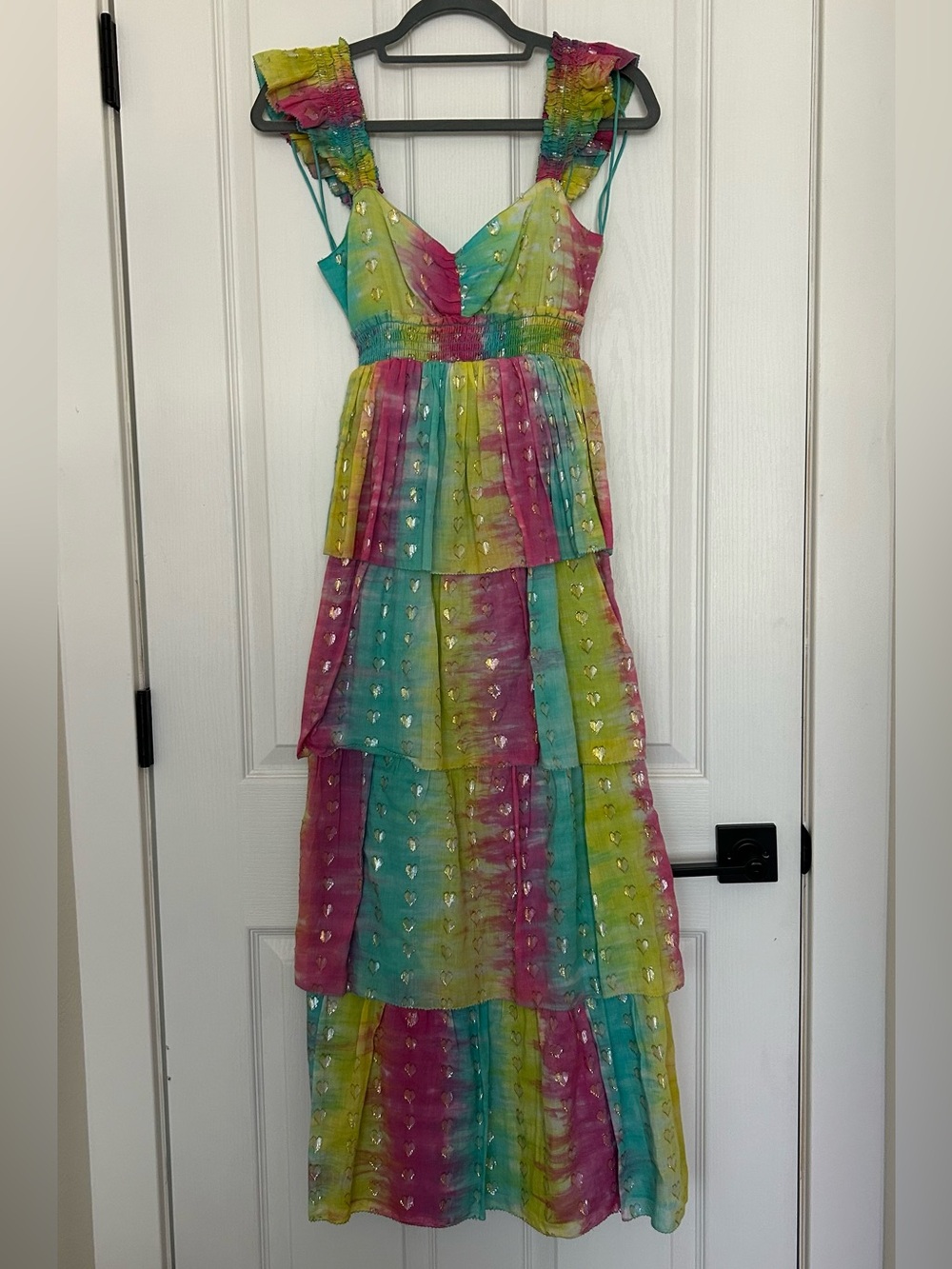 SAYLOR Tiered Rainbow Tie-Dye Maxi Dress with Metallic Hearts